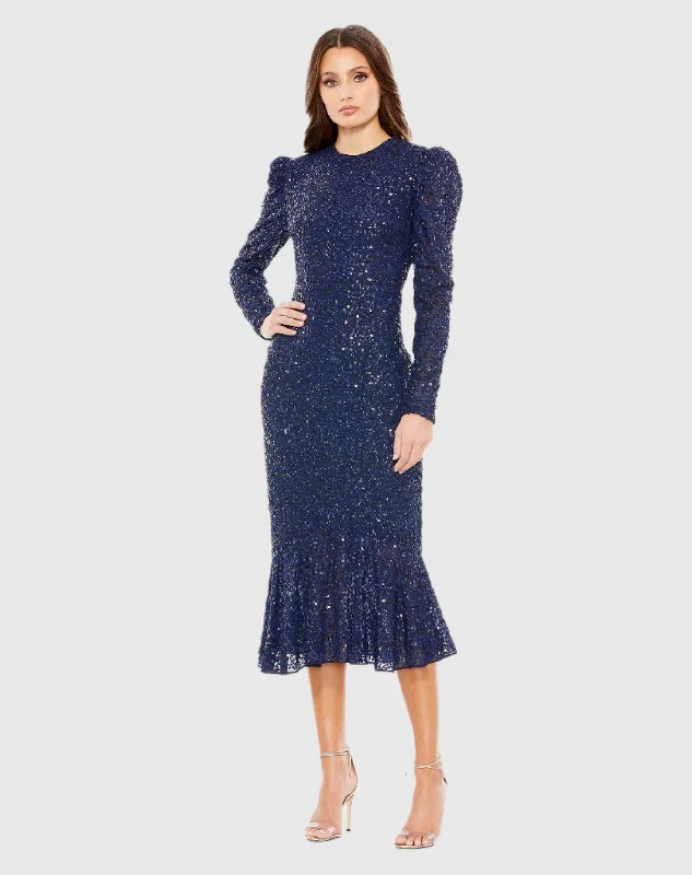 Blue Sequined Long Sleeve High Neck Trumpet Dress Bohemian Maxi Skirt