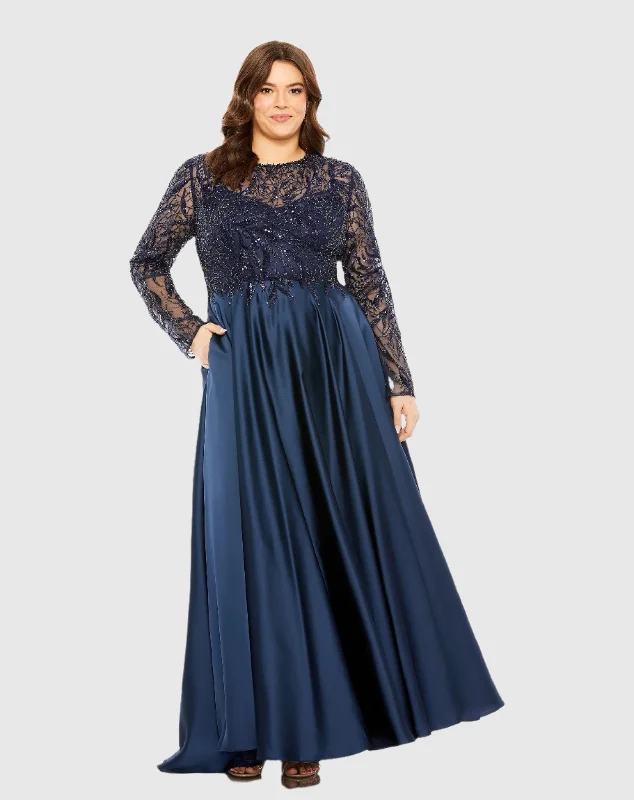 Sheer Long Sleeve Beaded Top Satin Gown Formal Maxi Outfit