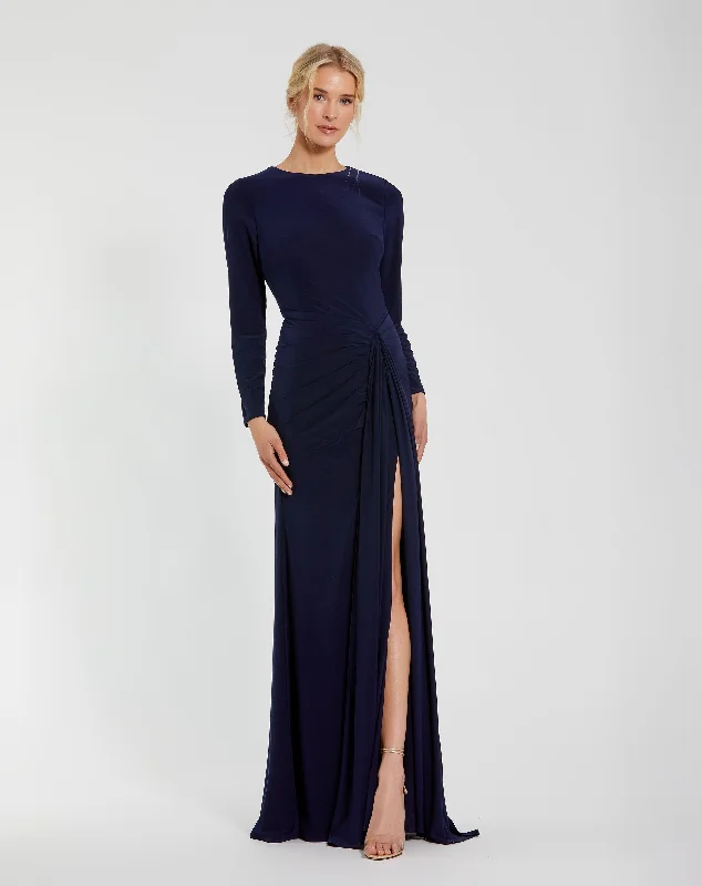 Long Sleeve Fitted Jersey Gown With Ruched Waist A-line Maxi Skirt