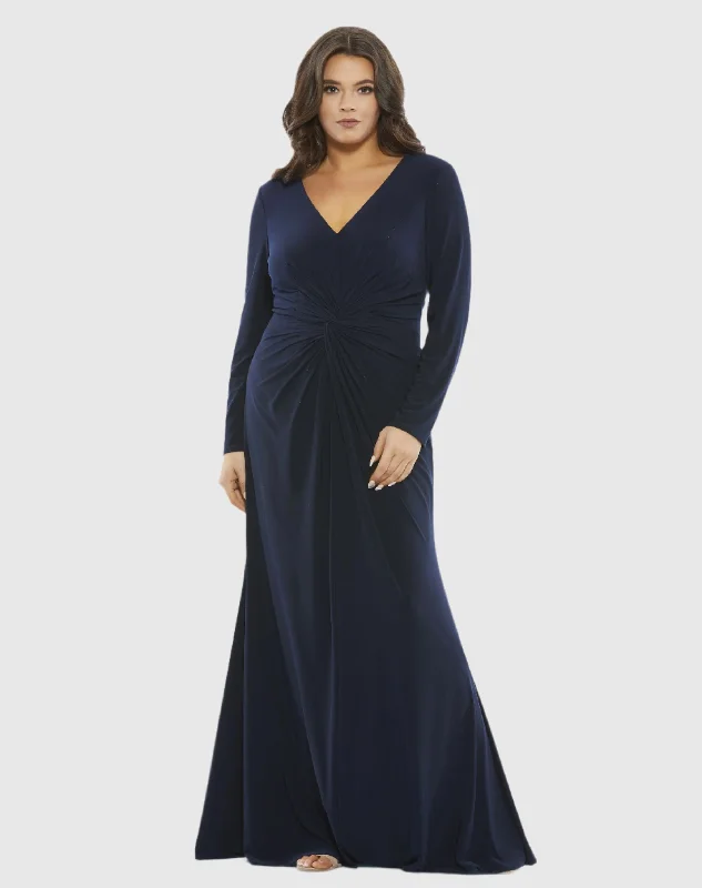 Front Twist Long Sleeve V-Neck Gown (Plus) Front Pocket Maxi