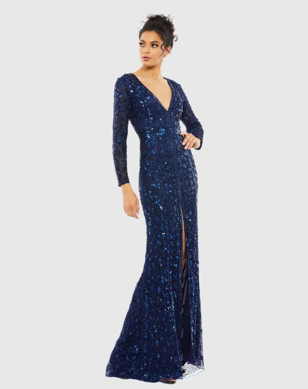 Embellished Front Slit Long Sleeve Gown Comfortable Maxi Look