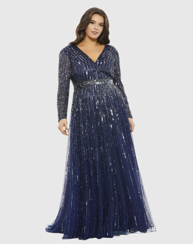 Embellished Illusion Long Sleeve V Neck A Line Gown (Plus) Soft Pleated Maxi