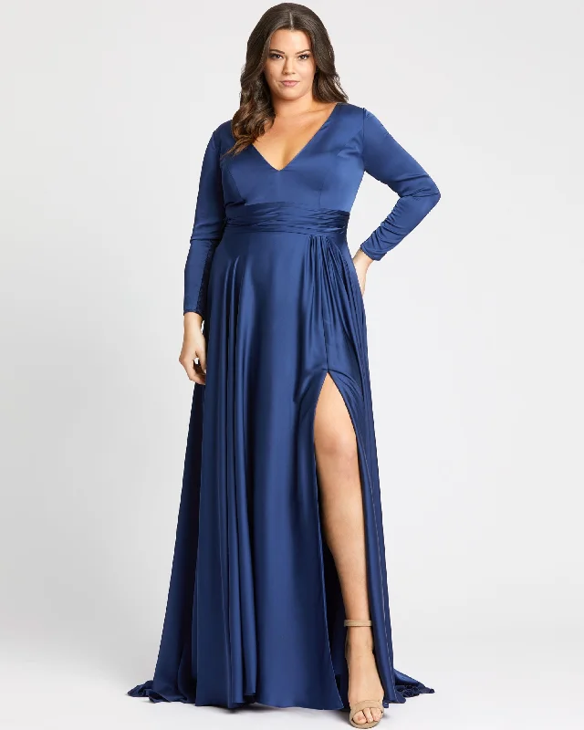 Classic Satin Long Sleeve Evening Gown (Plus) - FINAL SALE Cozy Maxi Skirt