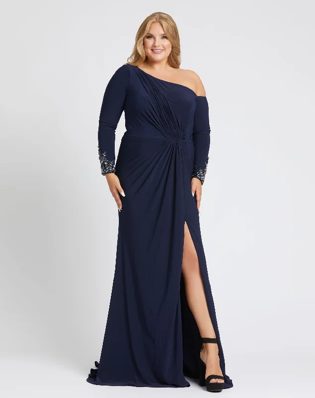 Long Sleeve Beaded Wrist Detail Gown Tulle Layered Maxi