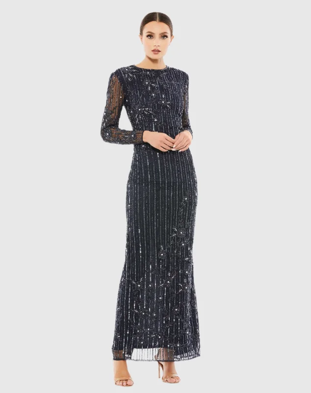 Dark Blue Embellished High Neck Illusion Long Sleeve Gown Front Slit Maxi