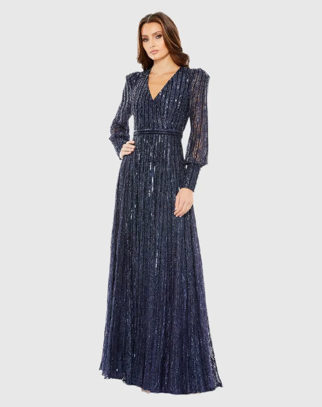 Dark Blue Beaded Lace Long Sleeve Wrap Over Gown High-Low Maxi Skirt