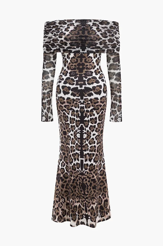 Leopard Print Mesh Off Shoulder Long Sleeve Maxi Dress Maxi Skirt Set