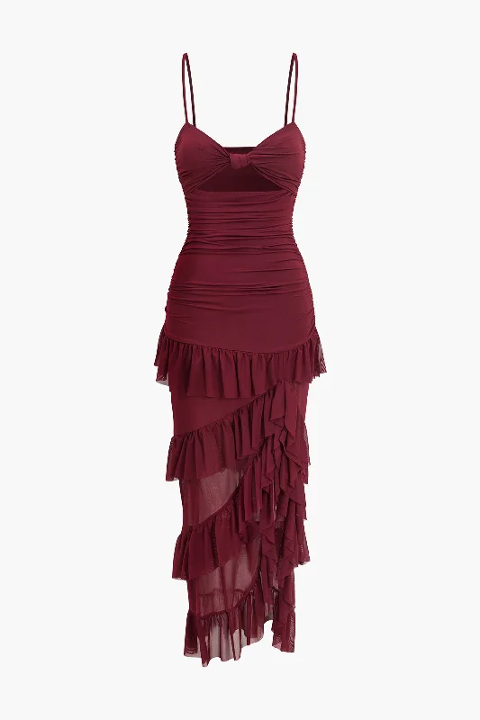 Multilayer Ruffle Slip Maxi Dress Pleated A-line Skirt