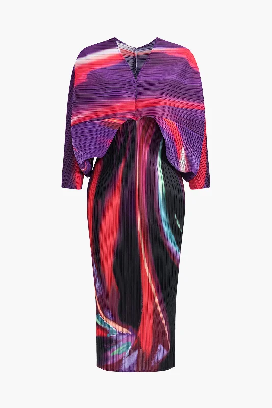 Abstract Print Pleated V-Neck Batwing Sleeve Maxi Dress Long Boho Skirt