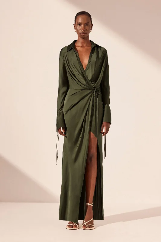 SHAE DRAPED SHIRT MAXI DRESS - PINE GREEN Stretch Maxi Skirt