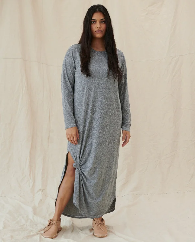 The Long Sleeve Knotted Tee Dress. -- Heather Grey Ruffle Long Maxi