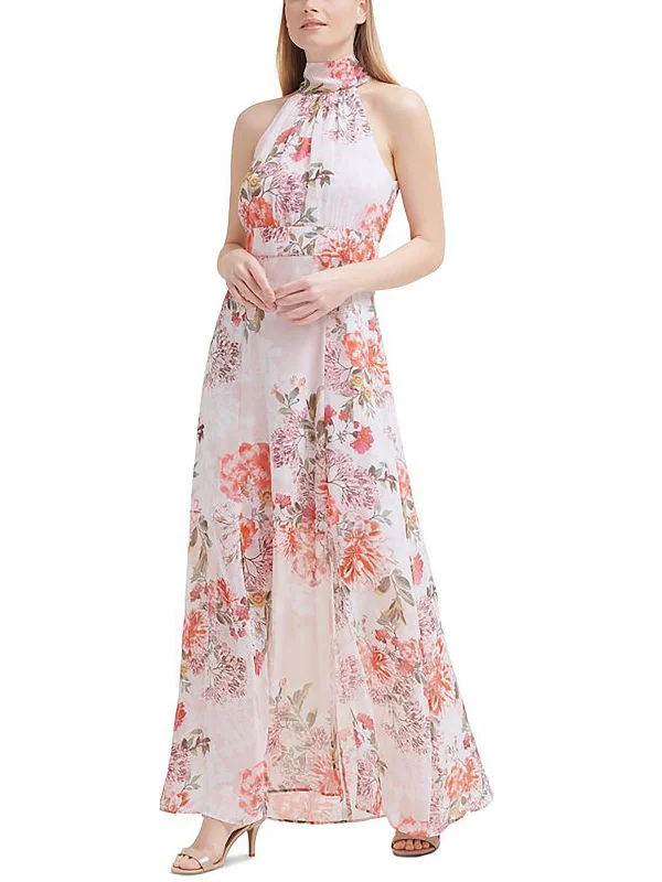 Womens Floral Maxi Halter Dress Flowing Boho Skirt