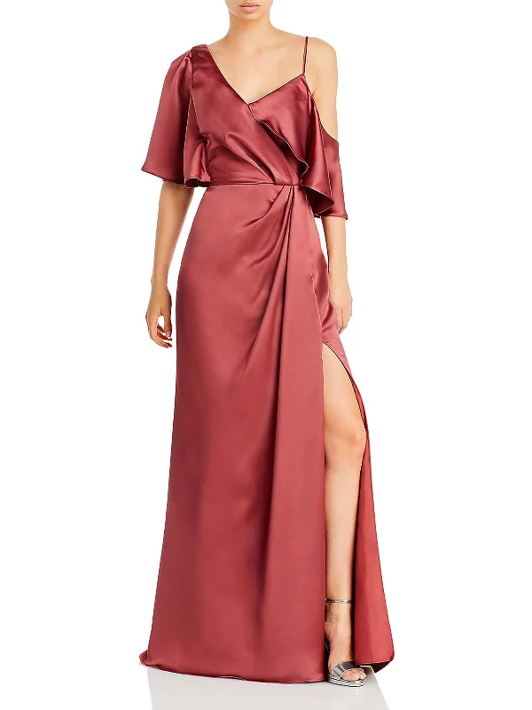 Womens Satin Maxi Evening Dress Soft Ruffled Maxi