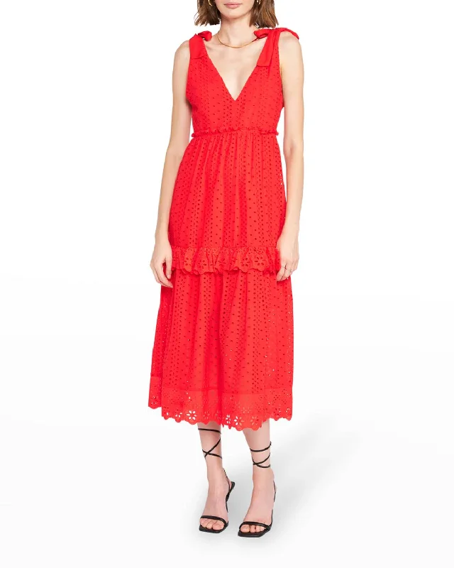 Eyelet Midi Dress In Red Classic A-line Skirt