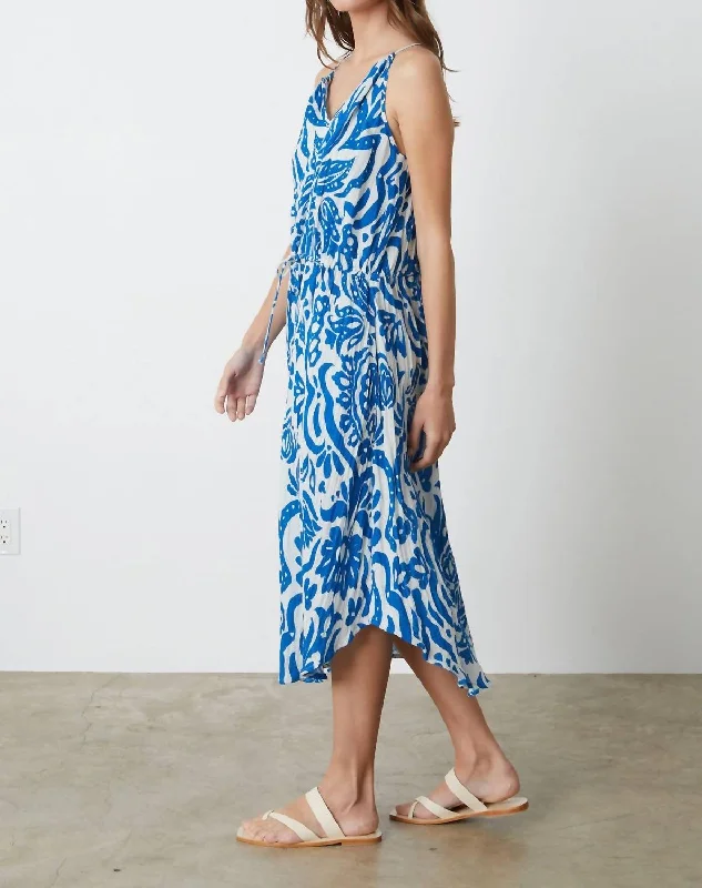 Velvet Sasha Henna Gauze Printed Maxi In Blue Pleated A-line Skirt