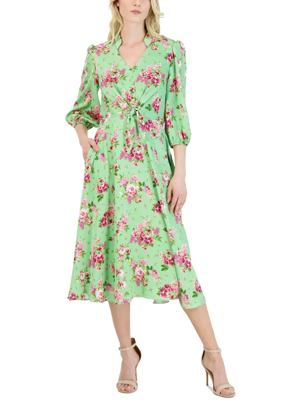 Womens Floral Front Tie Midi Dress Slim Fit Midi