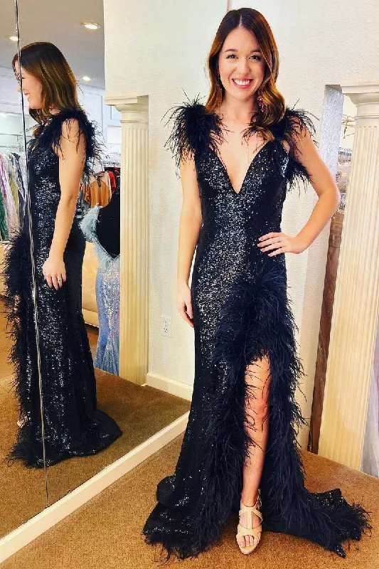 Black Sequin Feather V-Neck Mermaid Long Prom Dress with Slit Glamorous Sequin Dress