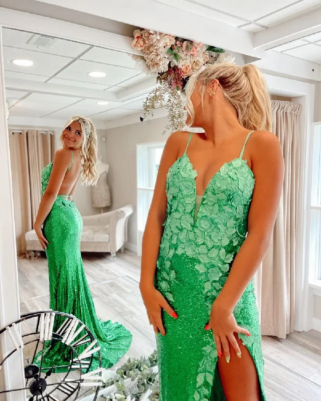 Charming Mermaid V Neck Green Sequins Long Prom Dresses with Appliques Y1692 Vintage Sequin Dress