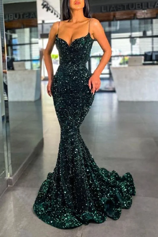 Dark Green Sequins Prom Dress Mermaid Long With Spaghetti-Straps Y1823 Sparkling Sequin Dress