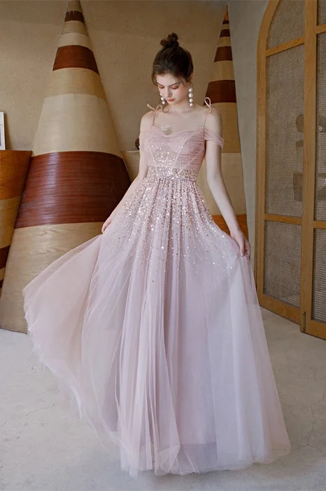 Elegant Straps Sequins Pink Tulle Prom Dress Bright Sequin Dress