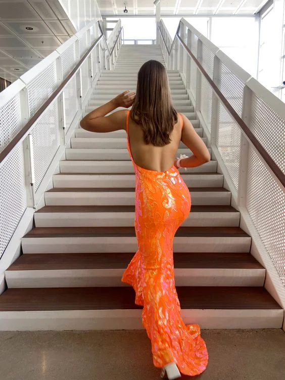 Fashion Mermaid V Neck Orange Sequins Long Prom Dresses Y1721 Ruffled Sequin Dress