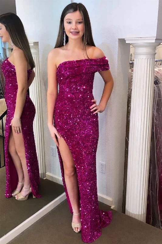 Fuchsia Sequin One-Shoulder Long Prom Dress with Slit Sexy Sequin Dress