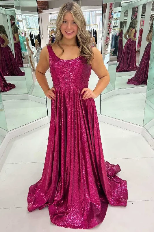 Fuchsia Sequin Round Neck Lace-Up Back A-Line Prom Dress Modern Sequin Dress