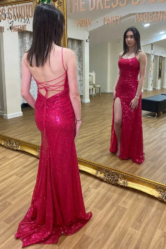 Fuchsia Sequin Scoop Neck Lace-Up Mermaid Long Prom Dress with Slit Flared Sequin Dress