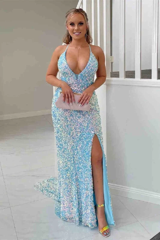 Glitter Halter Light Blue Sequined Prom Dress Sequin Shift Gown