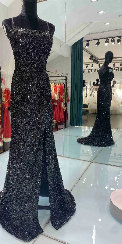 Glitter Mermaid Scoop Neck Black Sequins Long Prom Dresses with Cross Back Y1793 Sleek Sequin Dress