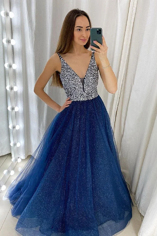 Glitter V Neck Navy Blue Long Prom Dress with Sequins Sexy Sequin Dress