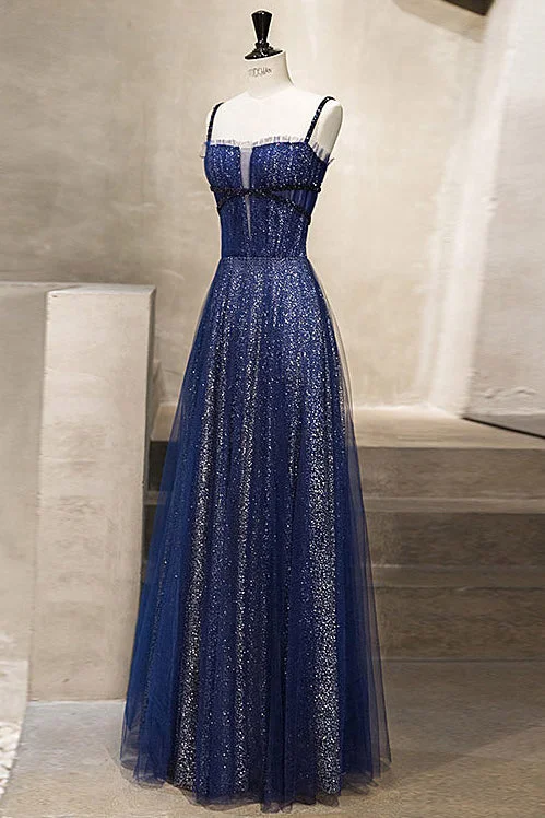 Gorgeous Spaghetti Straps Sequined Navy Blue Long Prom Dress Sequin Maxi Dress