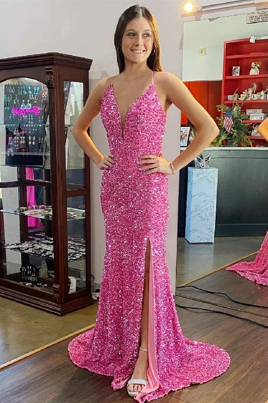 Hot Pink Sequin Plunge V Backless Mermaid Long Prom Dress with Slit Sequin Bodycon Dress