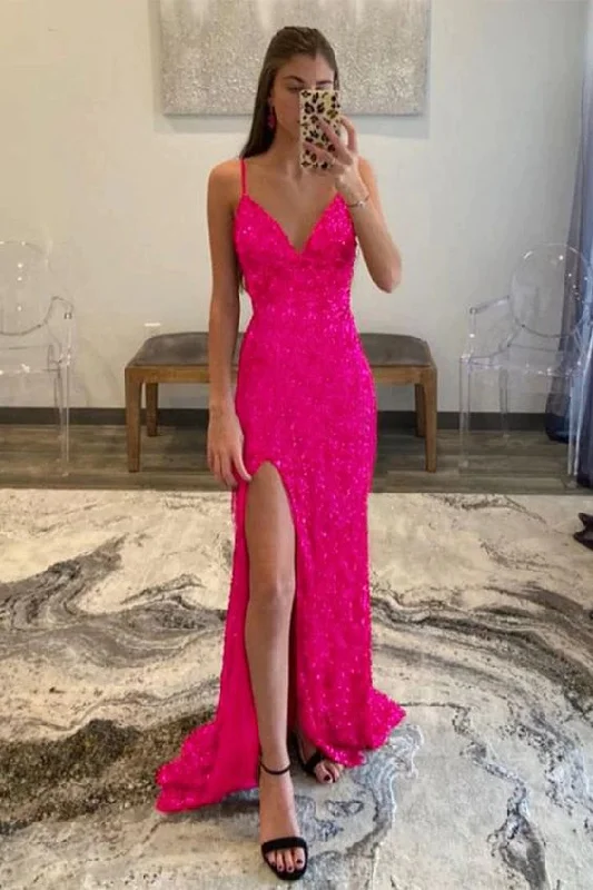 Hot Pink Sequins Glitter Prom Dress with Slit Y1861 Ruched Sequin Dress