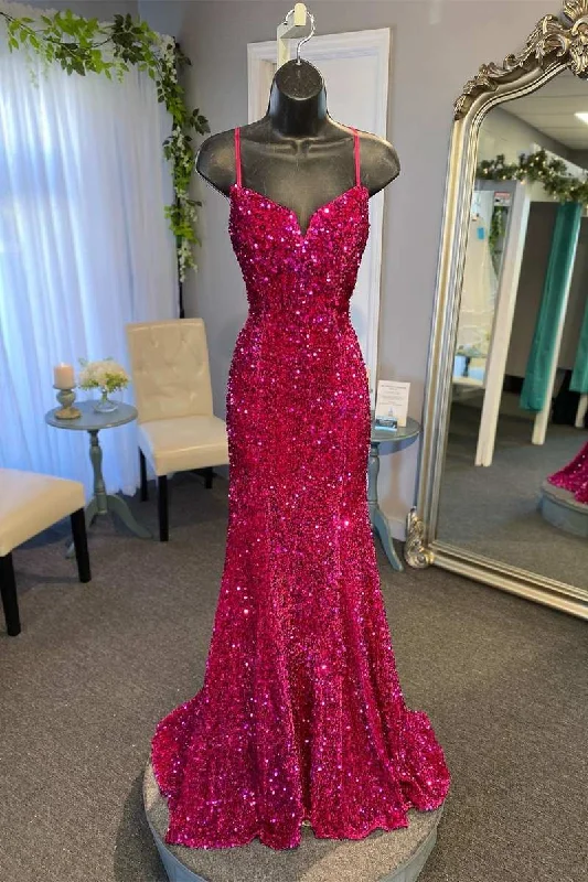 Magenta Sequin Split Neck Mermaid Long Prom Dress Y1694 Shimmer Sequin Dress