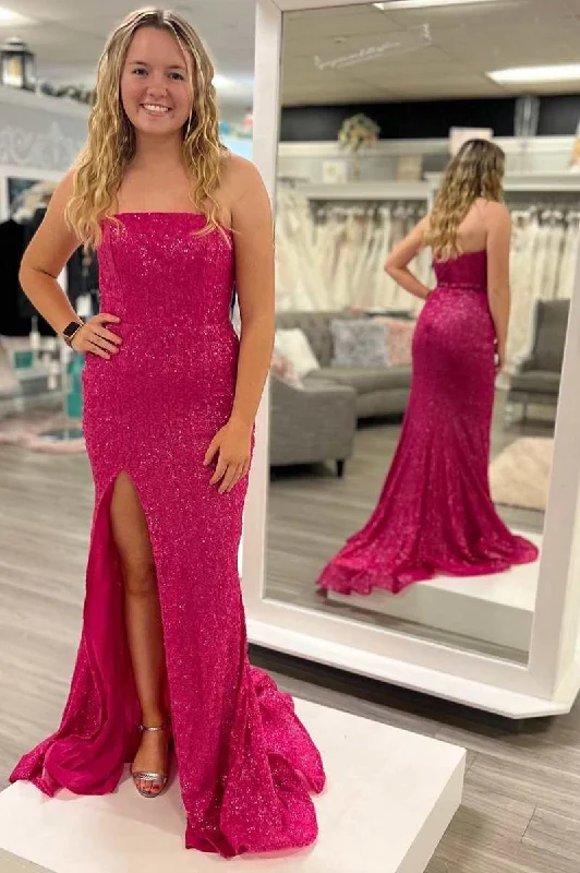 Magenta Sequin Strapless Mermaid Long Prom Dress with Slit Sequin Dress Vibe