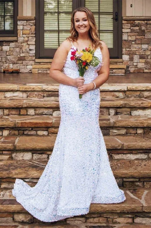 Mermaid White Sequins Long Prom Dress Sequin Gown Party