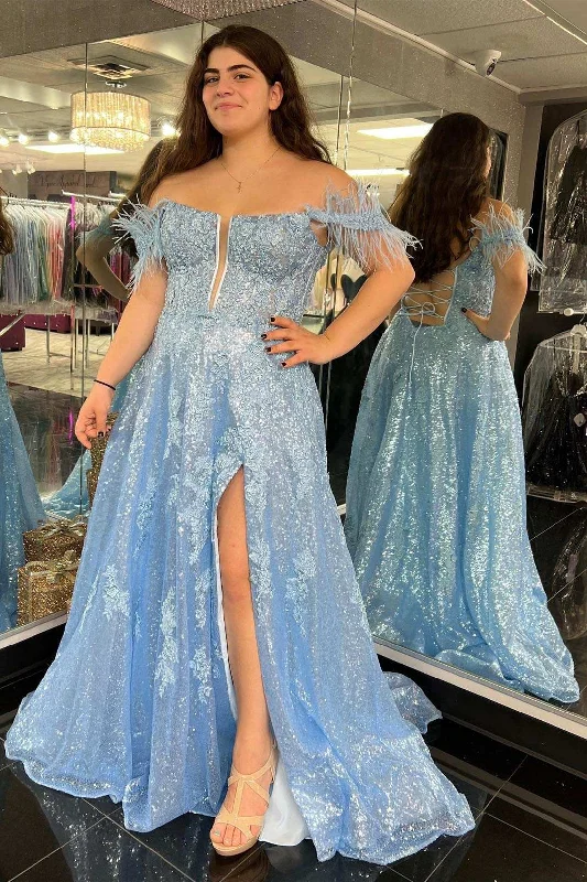 Off-the-Shoulder Blue Sequin Feather A-Line Prom Dress with Slit Sequin Dress Style