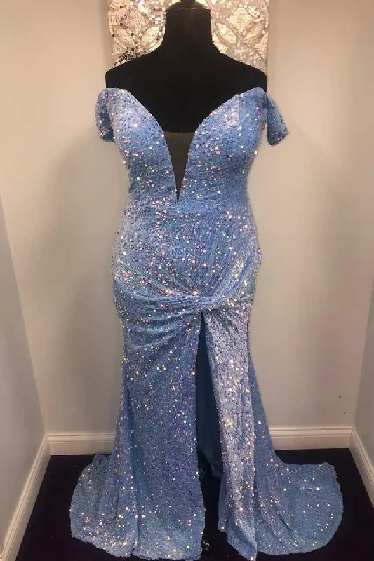 Blue Sequin Off-the-Shoulder Twist-Front Mermaid Long Prom Dress Sequin Dress Long