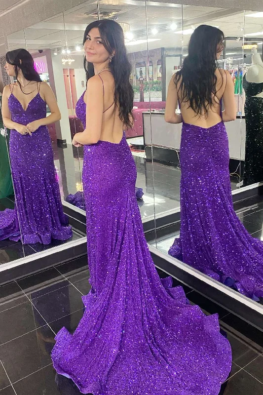 Purple Sequin V-Neck Open Back Mermaid Long Formal Dress Sequin Dress Sparkle