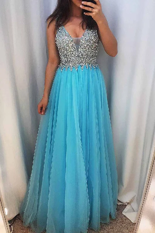 Sequined Tulle Blue Prom Dress with Illusion V Inset Sequin Fit Dress