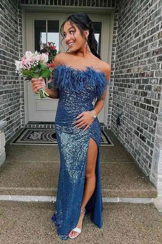 Sequins Blue Strapless Feather Long Prom Dress with Slit Y1863 Black Sequin Gown