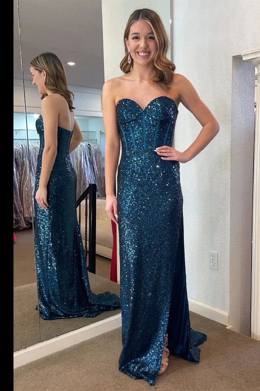 Sequins Sweetheart Long Prom Dress with Slit Sequin Dress Glam