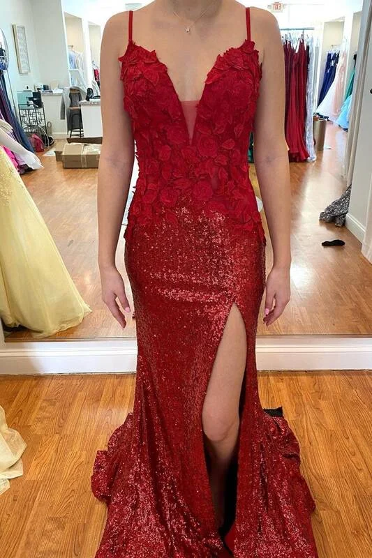 Sexy Wine Red Sequined Long Formal Dress with Slit Flared Sequin Dress