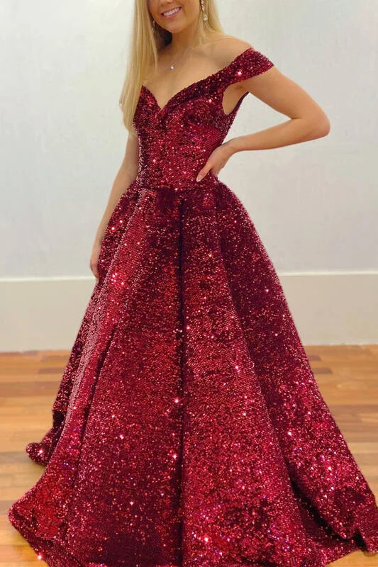 Sparkle Off the Shoulder Burgundy Sequined Long Ball Gown Satin Sequin Dress