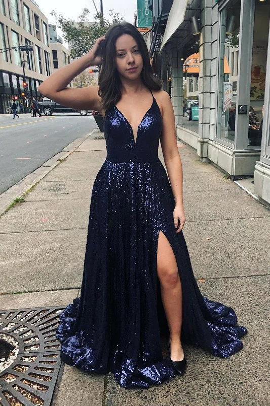 Sparkly Straps Navy Blue Sequin Long Prom Dress with Slit Sequin Dress Chic