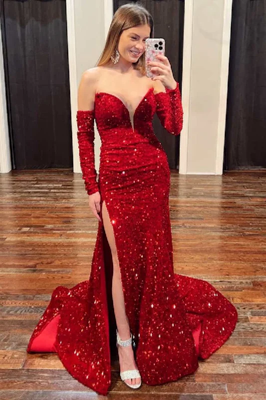 Strapless Sequin Mermaid Long Formal Dress with Slit Pink Sequin Gown