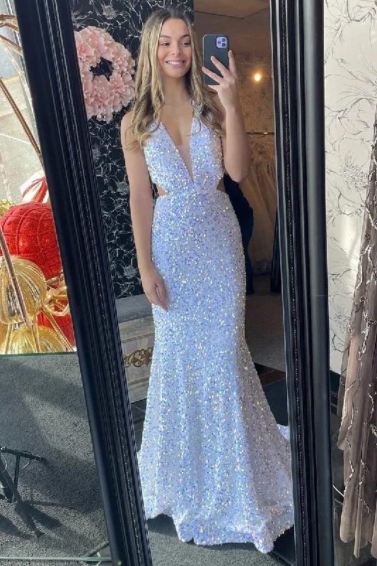 White Iridescent Sequin Halter Cutout Mermaid Long Prom Gown Gold Sequin Dress