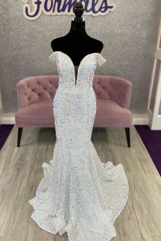 White Iridescent Sequin Off-the-Shoulder Cutout Back Trumpet Long Prom Dress High Waist Sequin