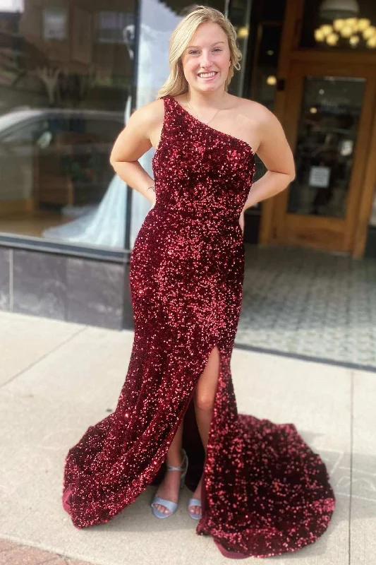 Wine Red Sequin One-Shoulder Long Prom Gown with Slit Sequin Cocktail Dress